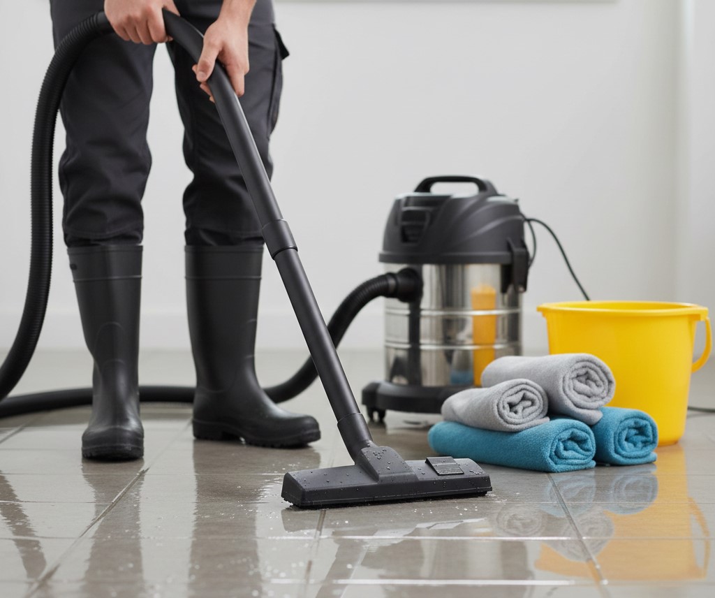 homeowner safely removing standing water from a flooded room using a wet/dry shop vacuum